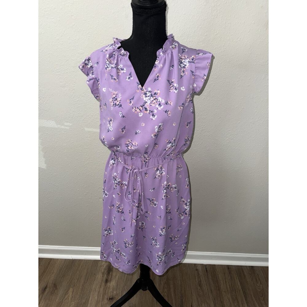 41 Hawthorn Purple Floral Dress Medium V-Neck Ruffle Sleeve Tie Waist